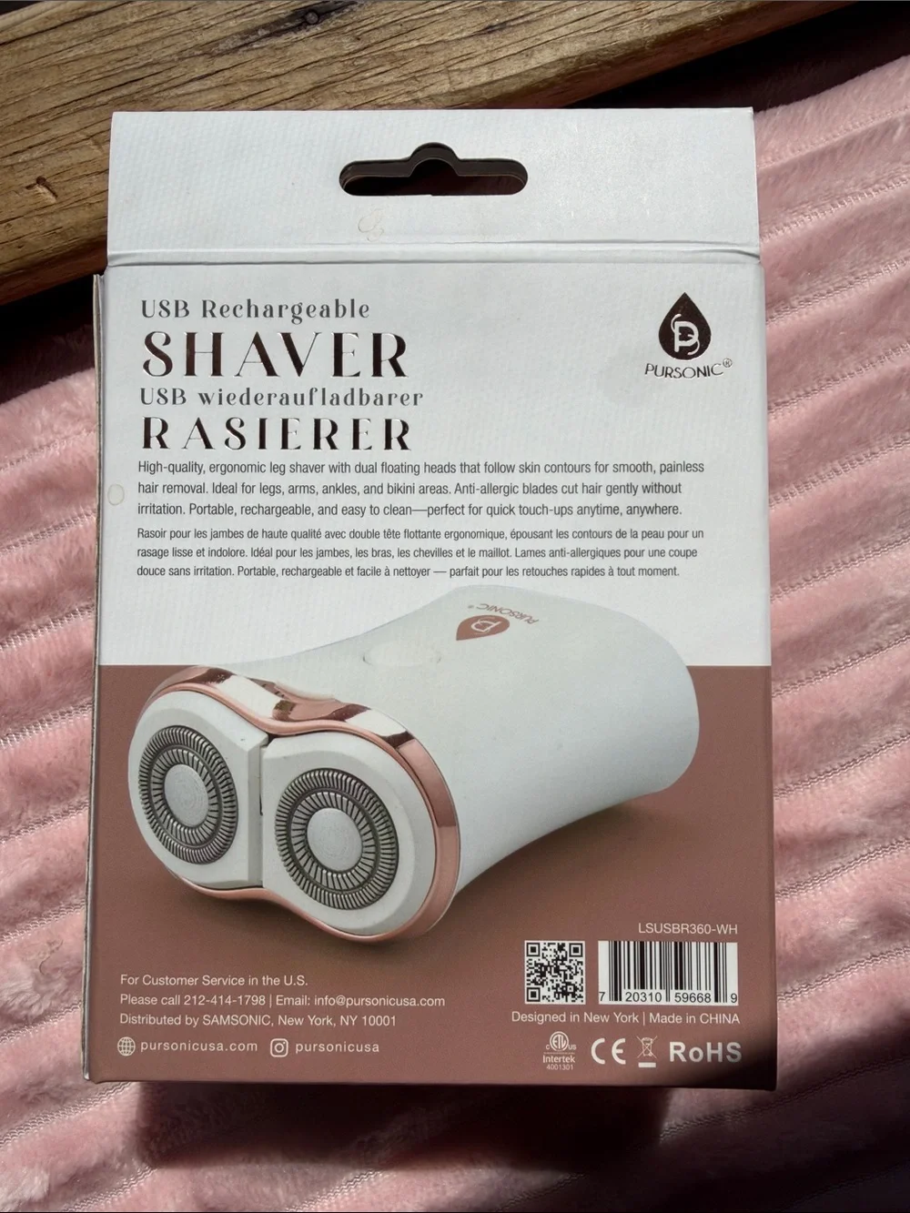 Pursonic USB Rechargeable Women's Shaver — White with Rose Gold Trim